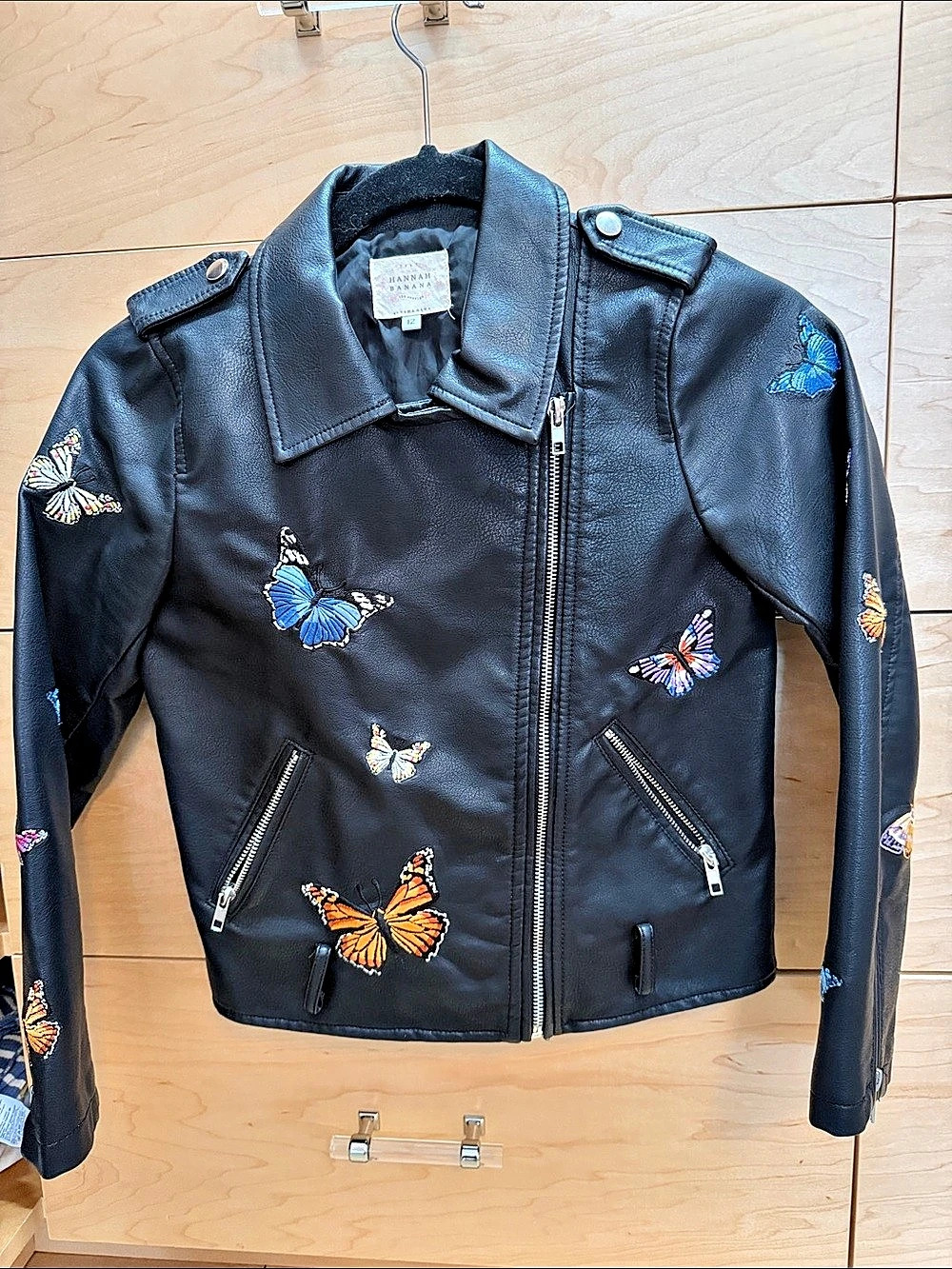 Hannah Banana Black Faux Leather Butterfly Moto Jacket Size 12